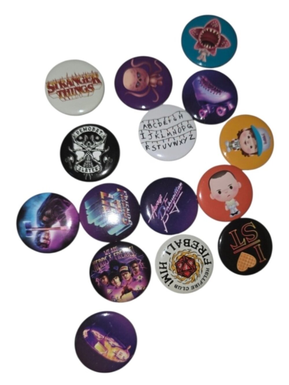 Stranger Things Button Pins 15 Piece Set Assorted Designs Gifts TV Shows Scary